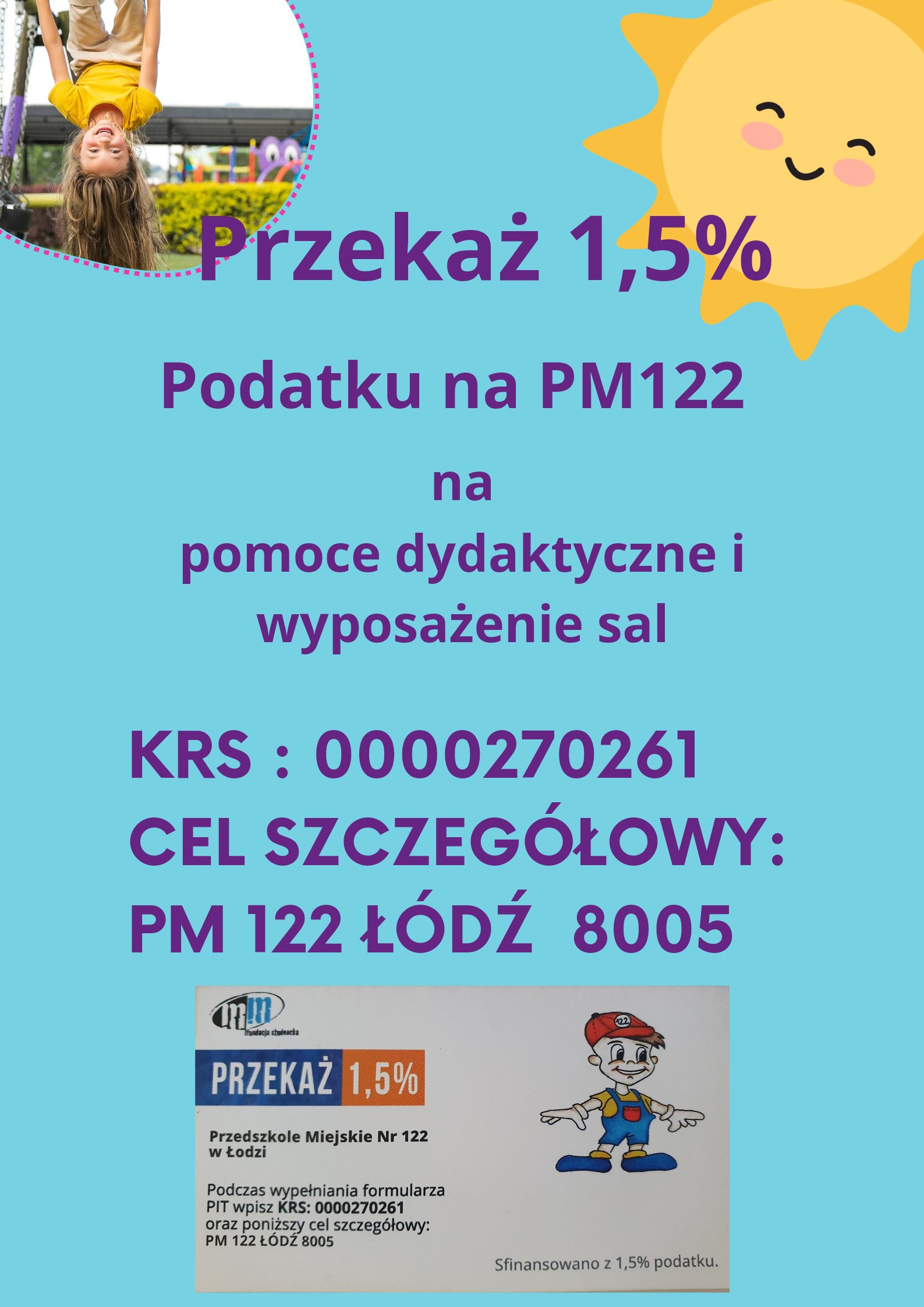 plakat informujący o możliwości przekazania 1,5% na rzecz placówki, niebieskie tło, słońce w roku
