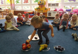 grupa dzieci w sali segreguje owoce na talerzach
