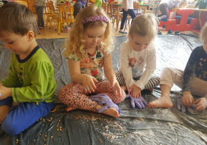 grupa dzieci sypiąca do gumowych rękawiczek ziarna i mąkę