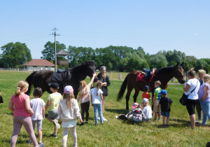 grupa dzieci oczekująca na przejażdzkę konną