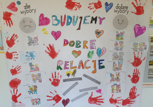 plakat o dobrych relacjach z narysowanymi sercami w różnych kolorach